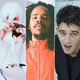 J.I.D. (Photo: Scott Dudelson/Getty Images), Grimes (Image: “We Appreciate Power” single art), Earl Sweatshirt (Photo: Steven Taylor), Matty Healy of The 1975 (Photo: Magdalena Wosinska), and Karen O (Photo: Eliot Lee Hazel)